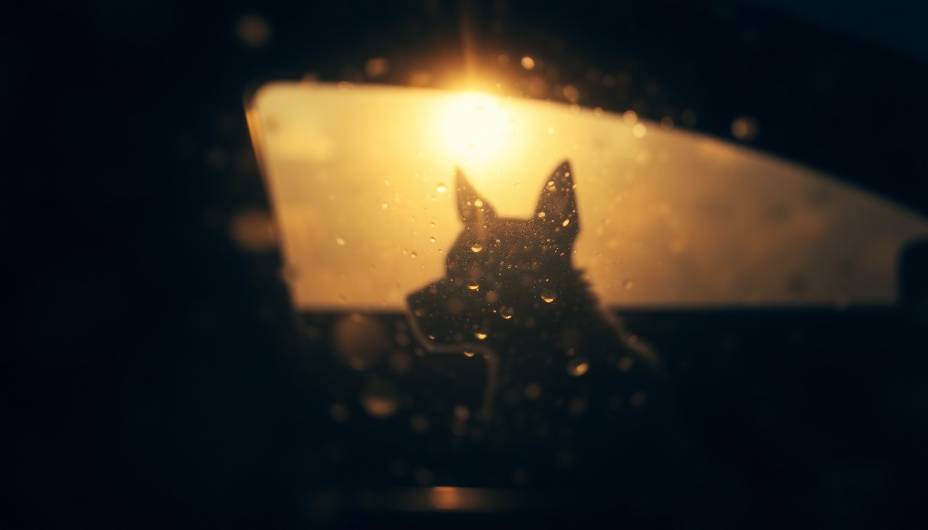 An abstract, impressionistic photograph of a blurred car window with a faint silhouette of a dog's head visible, conveying the cozy, atmospheric mood of a pet enjoying a drive.