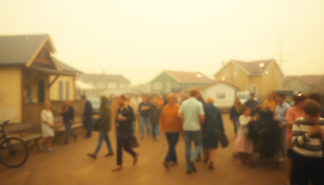 An extremely blurred, out-of-focus scene depicting a small group of people gathered together, with muted colors and a sense of warmth and community, conceptually representing the mourning of a beloved local figure.