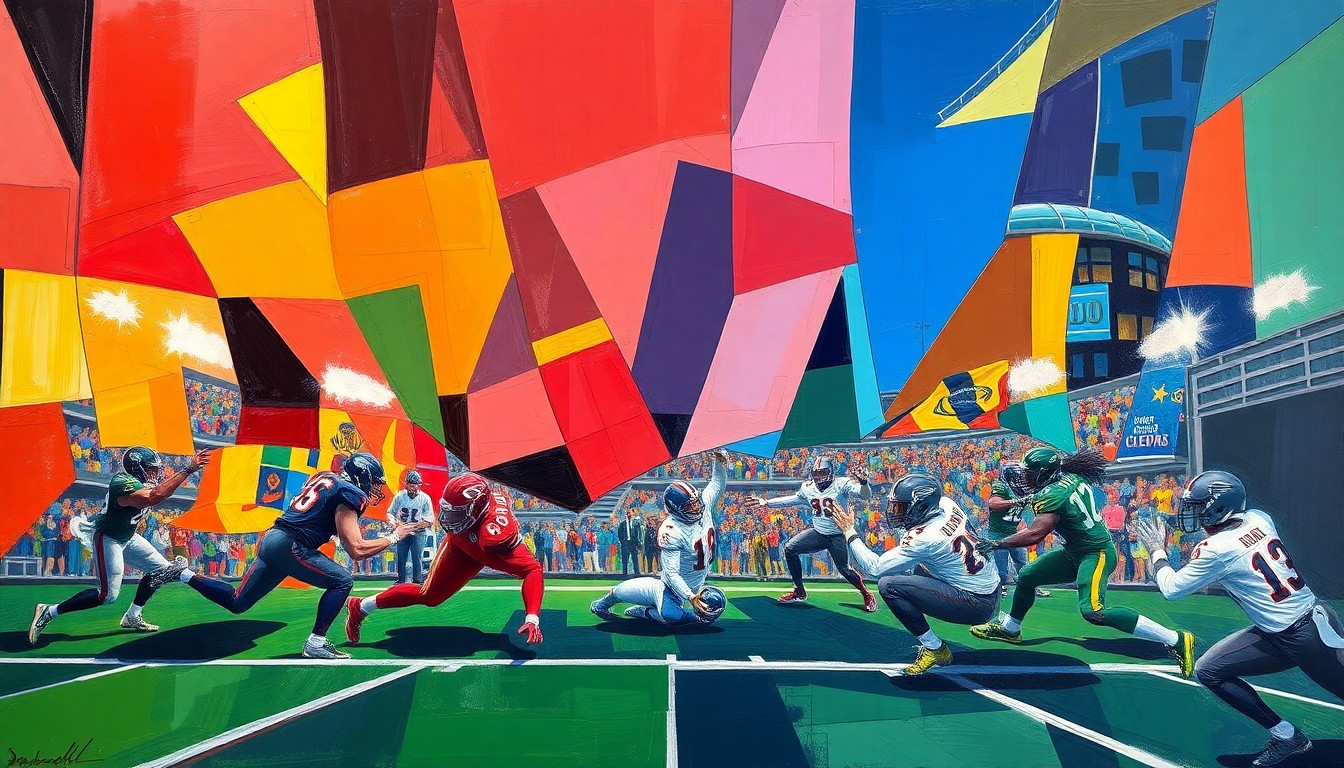A cubist, geometric painting depicting a fragmented football scene, with sharp planes of color representing the teams mentioned in the story. The abstract, multi-perspective composition captures the complexity of evaluating these players' Hall of Fame candidacies.