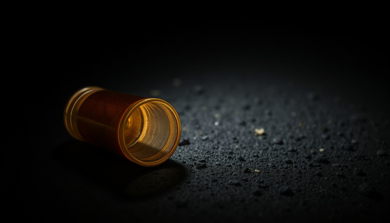 An extreme close-up of a spent shell casing on a dark, textured surface, creating a stark, gritty, and investigative aesthetic through the use of harsh, direct lighting.