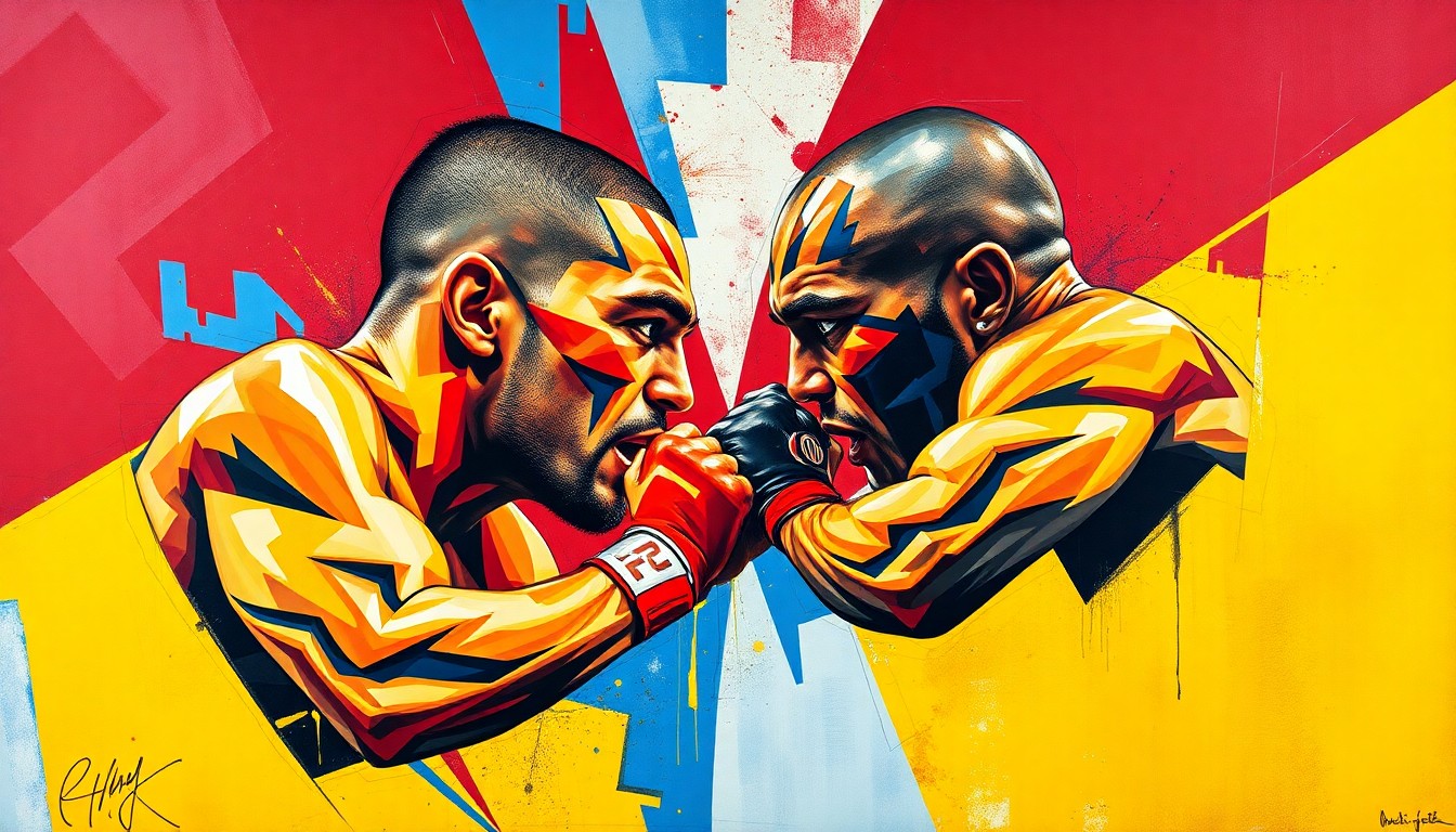 A fragmented, geometric painting depicting the intense action and energy of a UFC fight between two elite fighters, with sharp planes of color and overlapping perspectives.