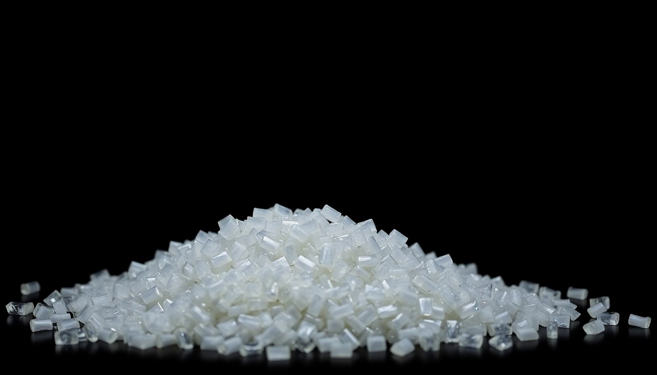 An extreme close-up photograph of a pile of small white crystalline packets, the harsh flash lighting creating a stark, gritty, investigative aesthetic without any visible text or identifiable elements.