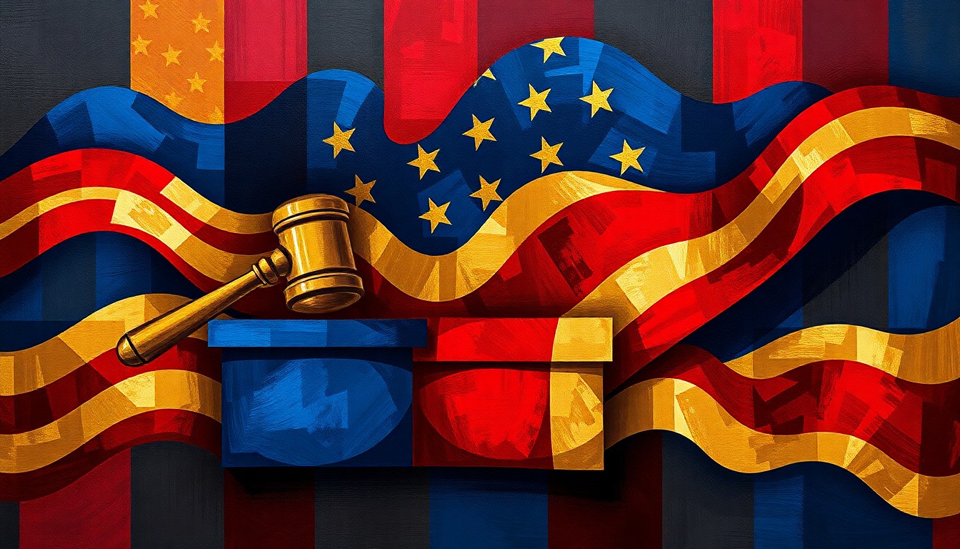 A dynamic, abstract painting featuring fragmented shapes and lines in shades of blue, red, and gold, representing the turbulent political battle over the Warren County Republican Committee leadership.