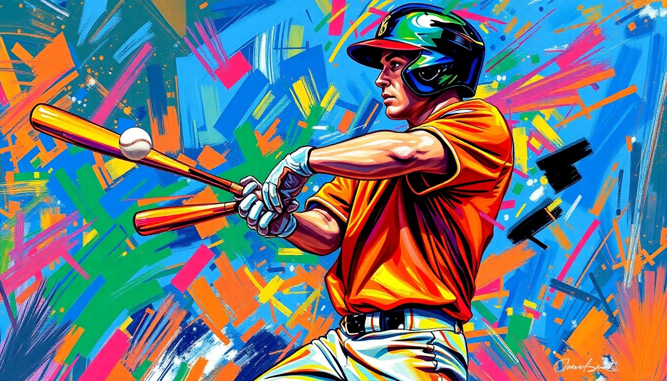 An abstract, energetic painting featuring bold, colorful brushstrokes that capture the dynamic motion of a baseball player swinging a bat and making contact with the ball.