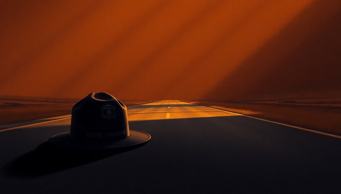 A photorealistic close-up of a state trooper's hat and badge resting on an empty, sun-dappled country road, conveying a somber, reflective mood about the sacrifices of law enforcement.