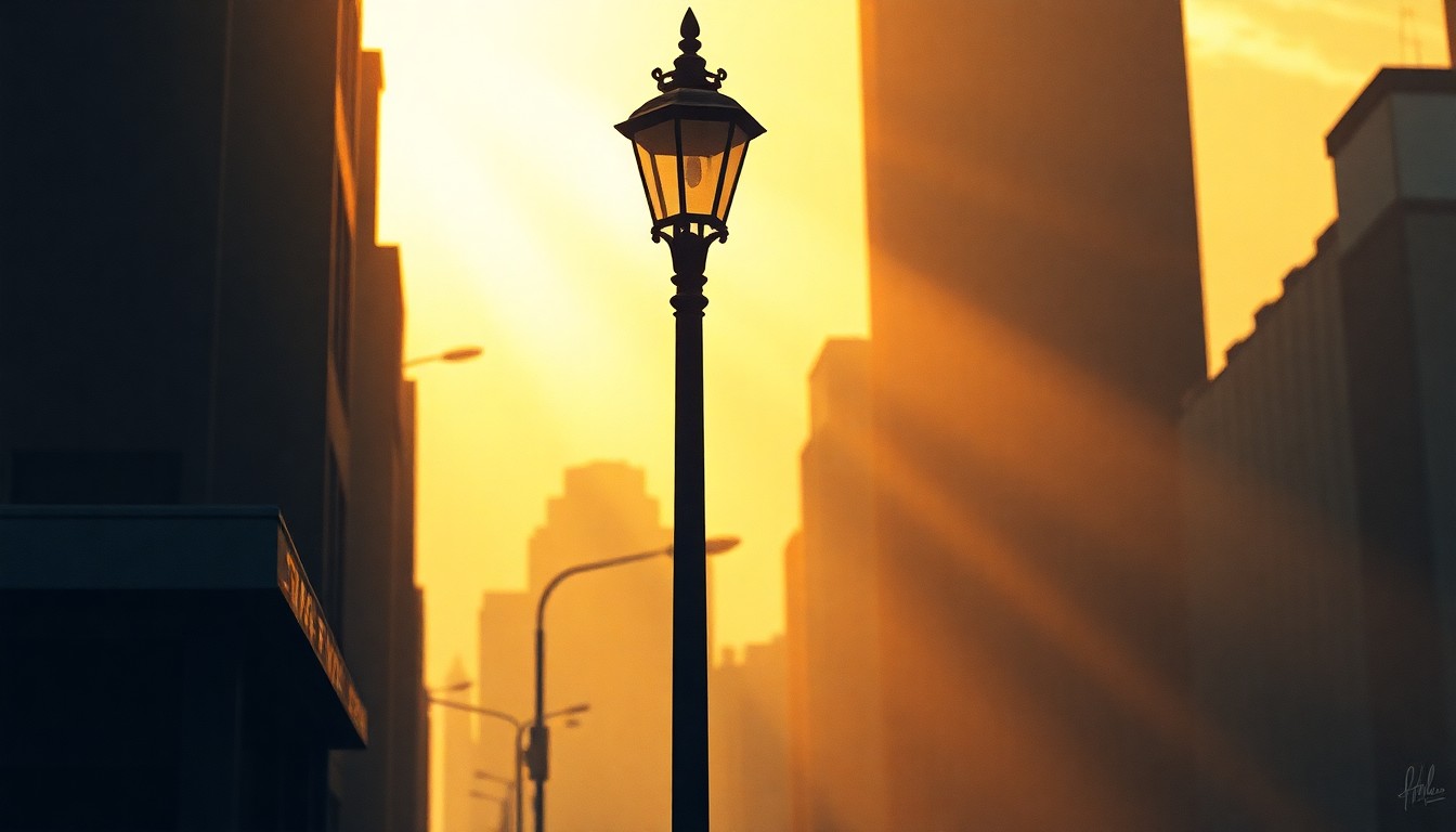 A serene, photorealistic painting of a single city street lamp post standing alone on an empty urban sidewalk, with warm sunlight casting long shadows across the pavement. The image conveys a sense of civic infrastructure and public services in a quiet, contemplative manner.