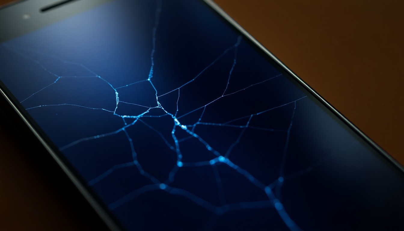 An extreme close-up photograph of a cracked smartphone screen reflecting a faint blue light, conceptually illustrating the digital evidence of a school employee's inappropriate online communications.