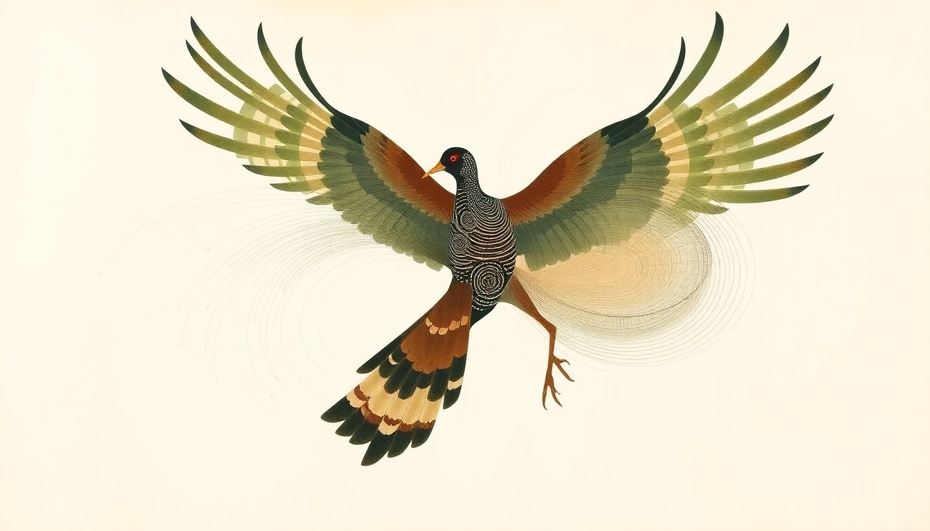 An abstract, textured painting in earthy tones of green, brown, and ochre, depicting the intricate aerial acrobatics and courtship rituals of the American woodcock through sweeping geometric arcs, intersecting waveforms, and precise botanical spirals, conveying the structural order and natural beauty of this springtime mating display.