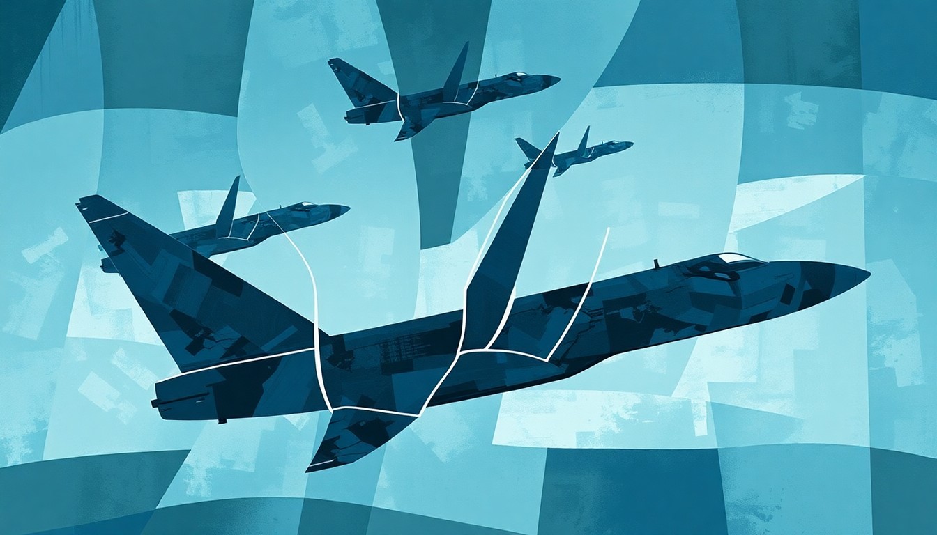 A fractured, abstract painting in shades of blue and gray depicting the overlapping, distorted shapes of guided glide bombs, conveying the disruption and chaos of electronic warfare.