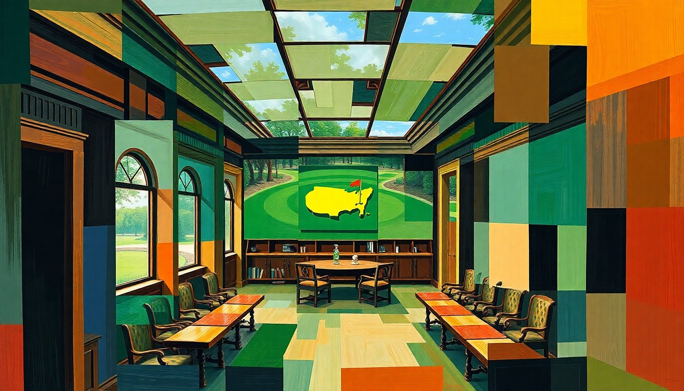 A cubist, geometric painting depicting the interior of the Augusta National clubhouse, with sharp, overlapping planes representing the exclusive Masters locker room where past champions gather.