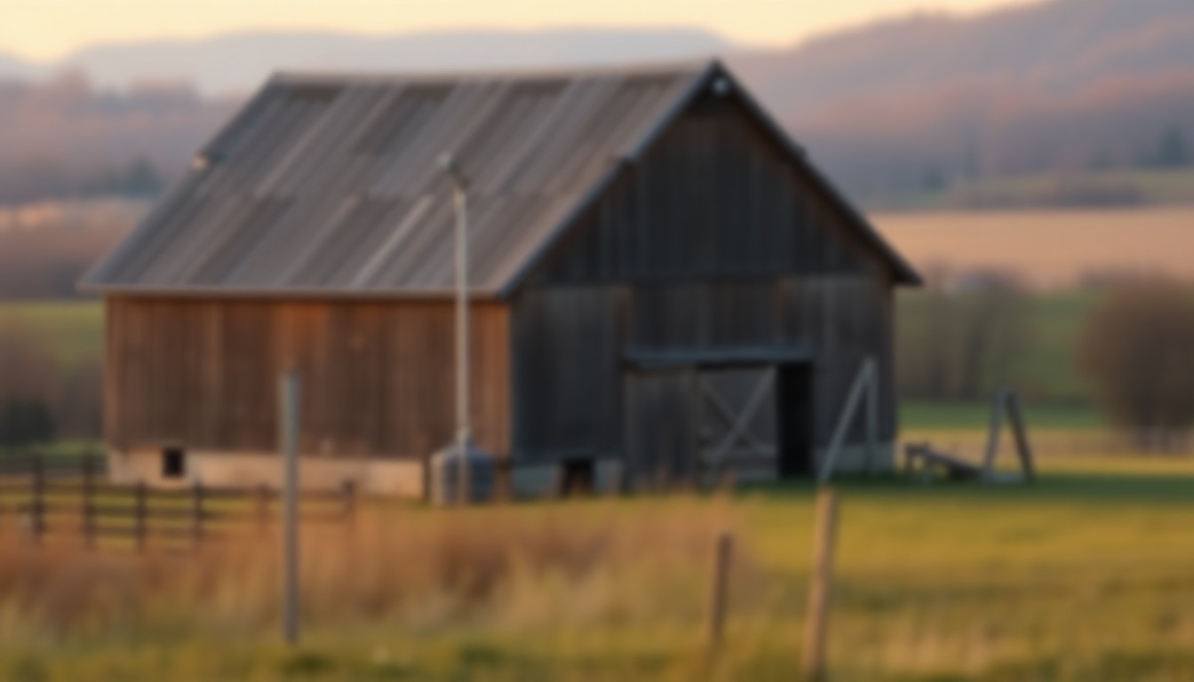 An impressionistic, out-of-focus photograph showing the silhouette of a historic barn in a lush, green countryside setting, with the surrounding landscape blurred into abstract shapes and colors.