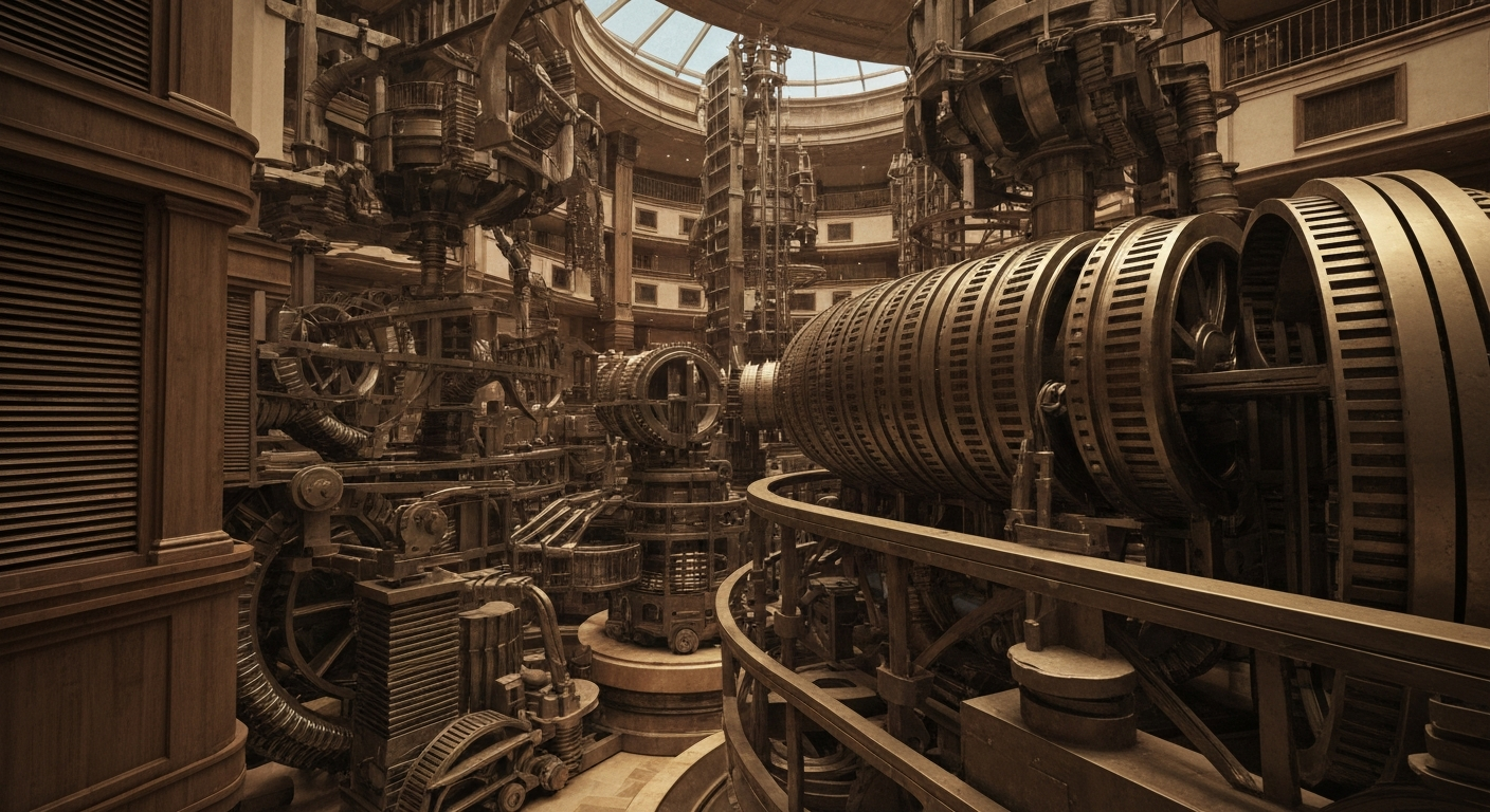 A dramatic, high-contrast close-up image of the gears, levers, and mechanisms that make up the infrastructure of a luxury hotel lobby, conveying the institutional power and financial complexity of the hospitality industry.