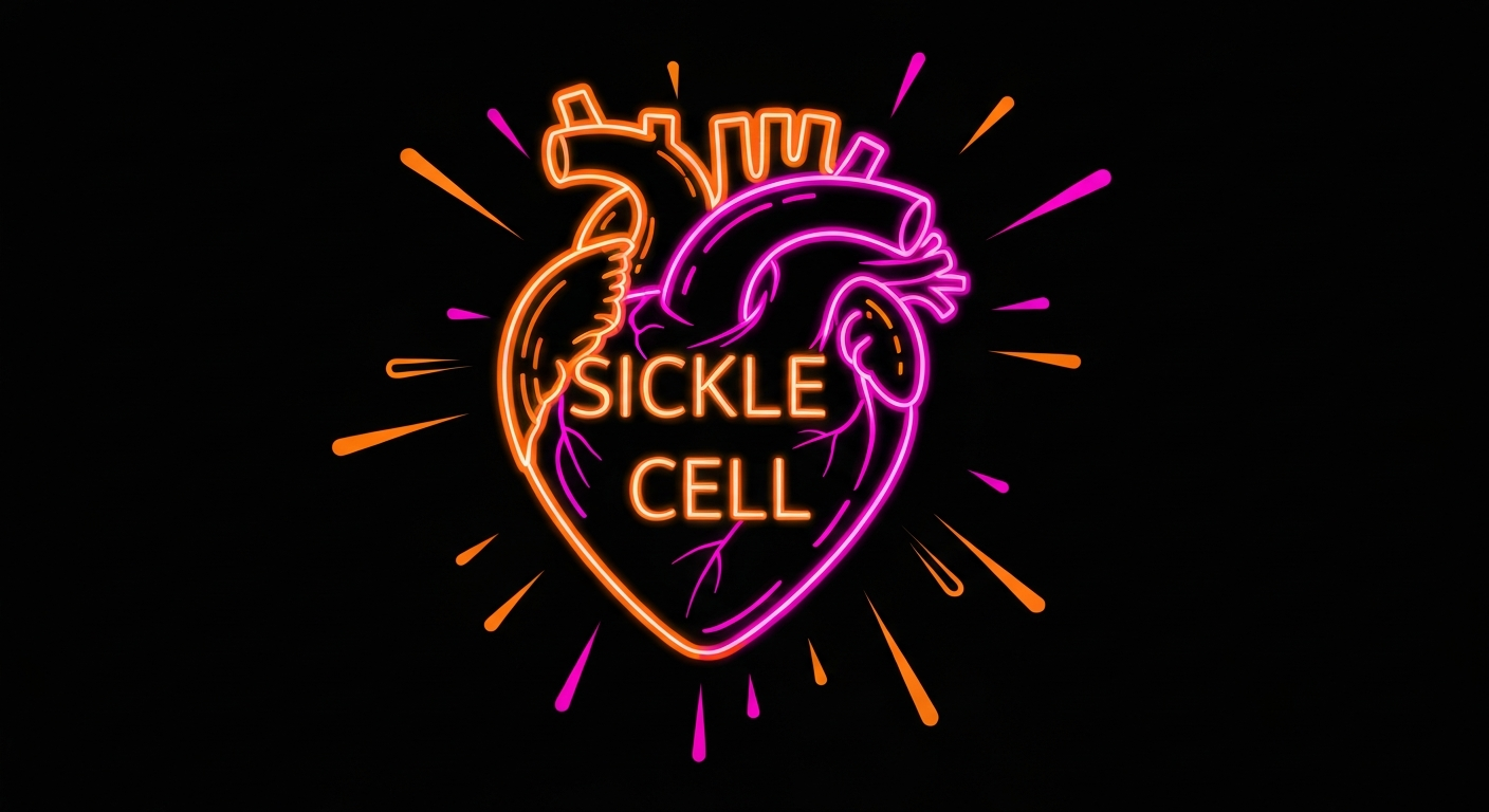 A vibrant neon outline of a human heart, glowing against a dark background and pulsing with energy, conceptually representing the vital importance of sickle cell education and awareness.