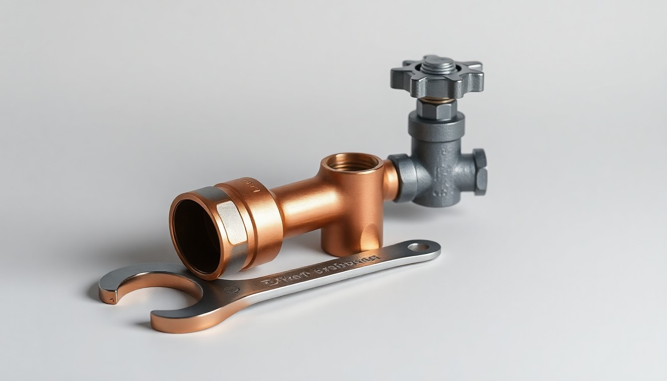 A high-end, photorealistic studio still-life photograph featuring a polished copper pipe fitting, a wrench, and a water valve on a clean, monochromatic background, conceptually representing the essential components of a reliable plumbing system.