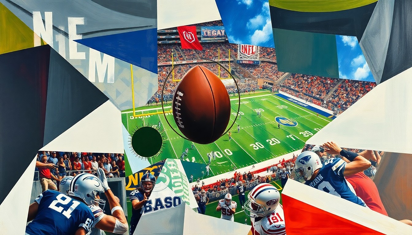 A cubist, geometric illustration depicting a fragmented, multi-angled view of a football game or NFL Draft scene, with sharp, overlapping shapes and planes of color representing the strategic maneuvering of teams on draft day.