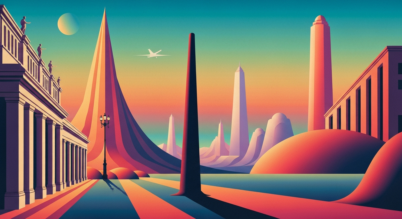 A highly stylized, geometric illustration depicting the grand scale and sweeping perspectives of the travel industry, with smooth gradients and streamlined forms evoking the Art Deco style.