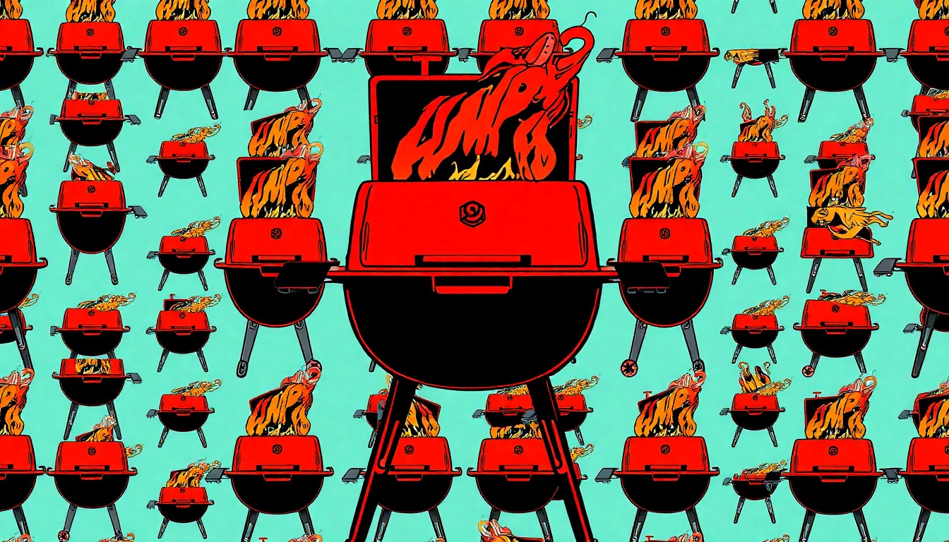 A bold, colorful silkscreen print featuring a repeated image of a barbecue grill in a grid pattern, representing the vibrant energy and iconic imagery of the Memphis in May BBQ festival.