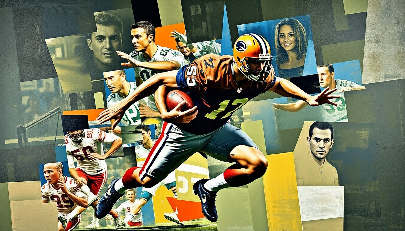 A cubist, geometric painting depicting a football player in mid-motion, with their face and uniform obscured into sharp, overlapping planes of color and form, conveying the raw energy and athleticism of the sport.