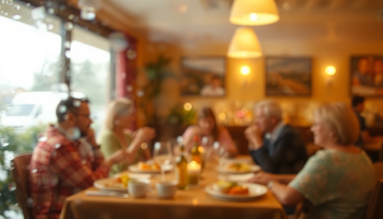 An abstract, impressionistic scene of blurred, warm-toned shapes and colors representing a family dining together at a restaurant, conveying the celebratory mood of Easter Sunday.