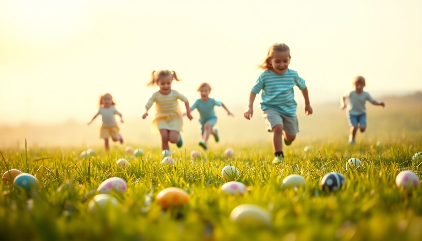 An extremely abstracted, out-of-focus photograph of children playing in a field, with colorful Easter eggs in the foreground and background, all captured in soft pools of warm light and color.