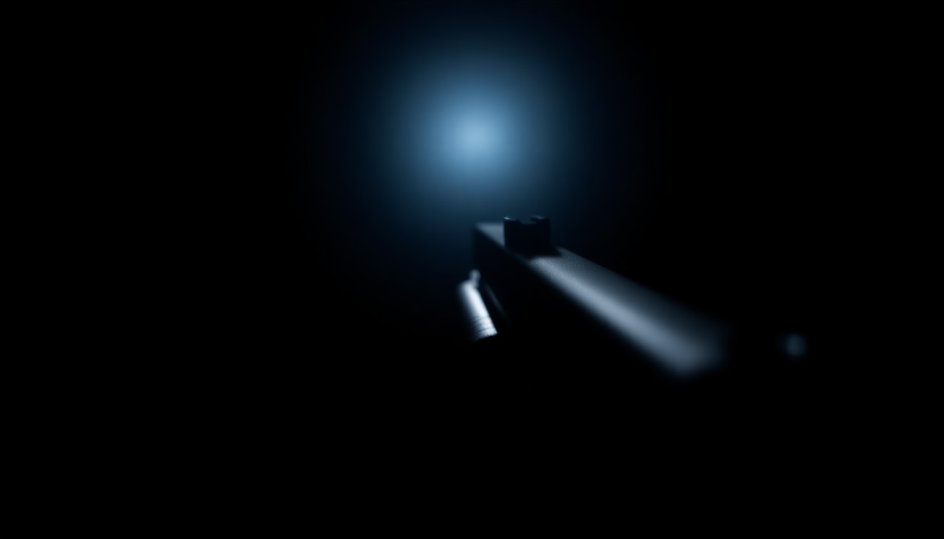 An extreme close-up photograph of a gun trigger against a pitch-black background, lit by a harsh camera flash, conceptually representing the threat of armed home invasions.