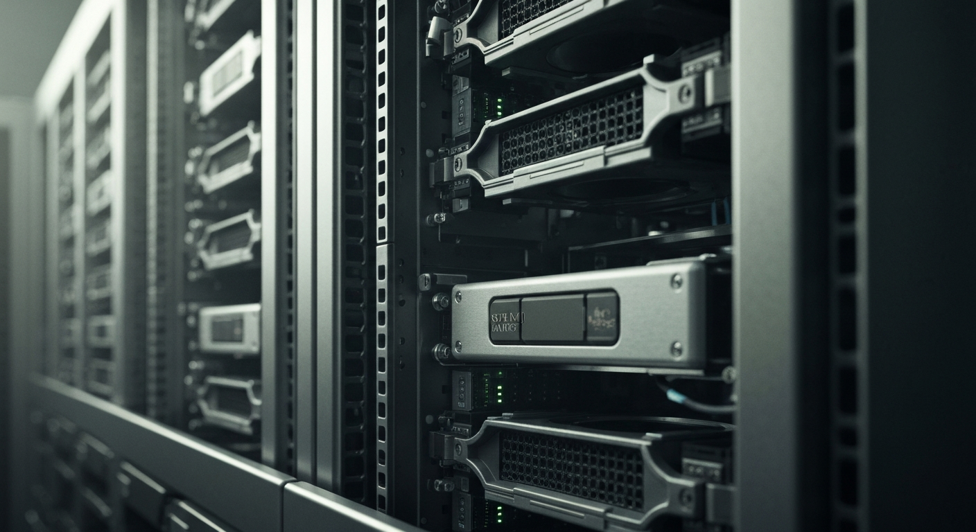 A close-up, cinematic image of the intricate machinery and components inside a high-performance server rack, conveying the industrial power and technical complexity of Super Micro Computer's products through dramatic lighting and muted, metallic tones.