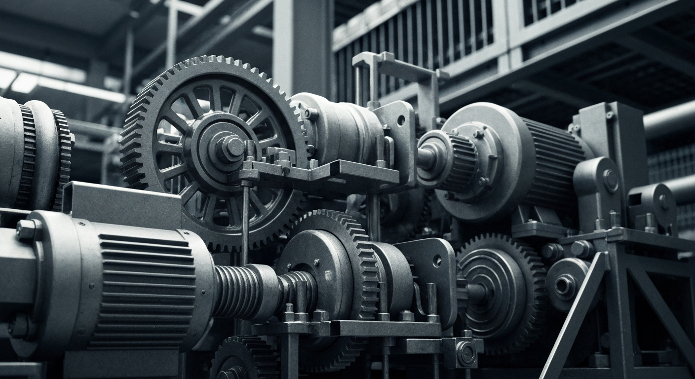 An extreme close-up of the intricate gears, motors, and machinery that power Amazon's logistics and fulfillment operations, rendered in high-contrast black and white to create a sense of the company's industrial might and technological prowess.