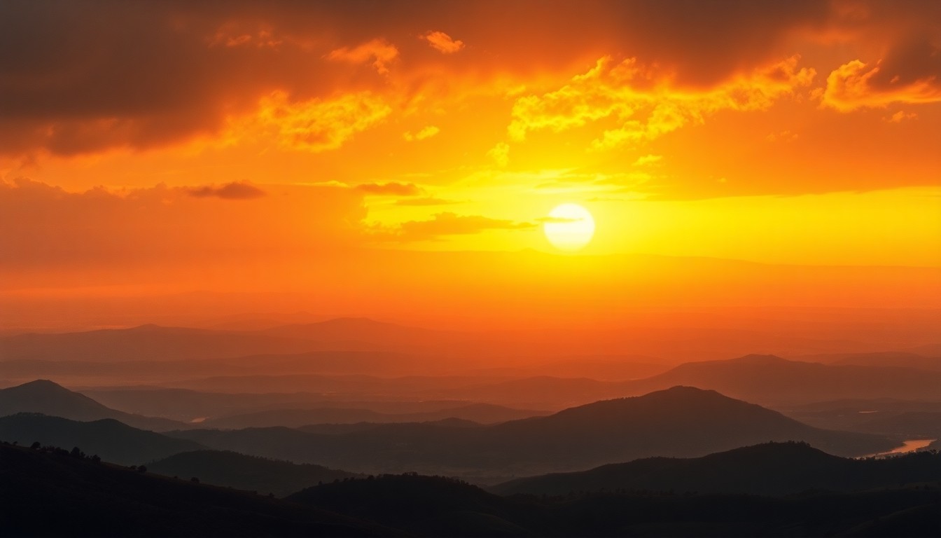 A sweeping, atmospheric landscape painting in muted earth tones and golden hues, depicting the rolling hills and distant mountains of San Diego County under a dramatic, glowing sunset sky, conveying the sublime power of the region's weather patterns.