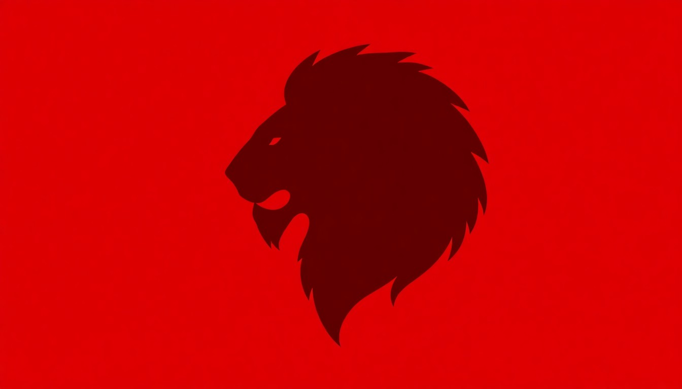 A minimalist, geometric silhouette of a lion's head in black against a bright red background, representing the strength and pride of the zoo's animal residents.