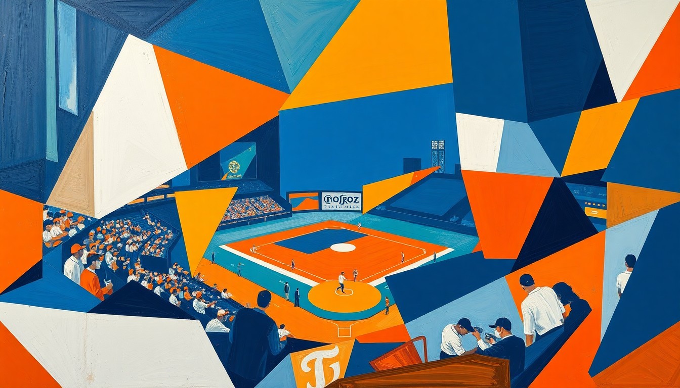 A fragmented, geometric painting in shades of navy, orange, and white, capturing the dynamic motion and multiple perspectives of a Tigers baseball game.