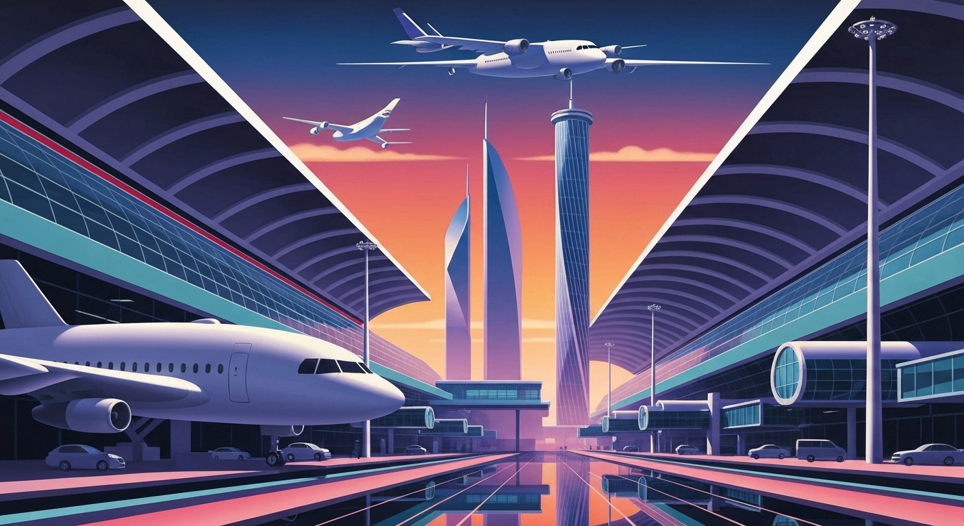 A highly stylized, geometric illustration depicting the towering, streamlined forms of an airport terminal or skyline, rendered in bold gradients of blue, gray, and white to capture the grand scale and romance of international air travel.