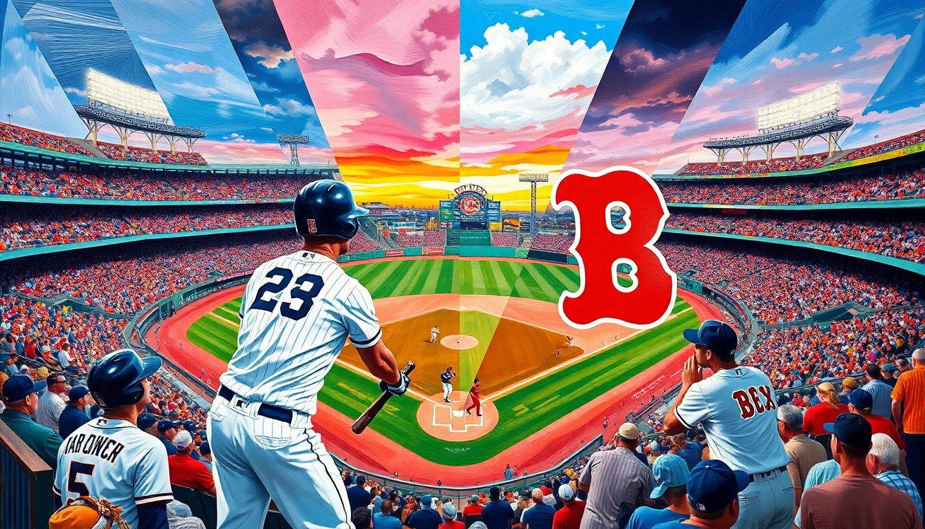 A cubist, geometric painting depicting a baseball game between the San Diego Padres and Boston Red Sox, with the players and stadium rendered in a fractured, multi-perspective style using vibrant colors.