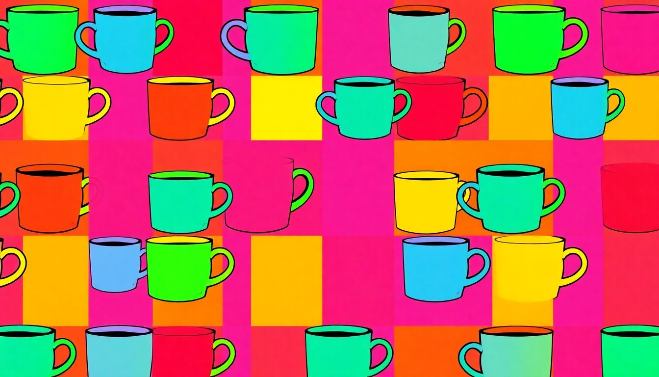 A brightly colored, high-contrast silkscreen print of a handmade ceramic mug repeated in a tight grid pattern, conceptually representing the diverse array of locally crafted artwork showcased at the After Hours Art Walk event.