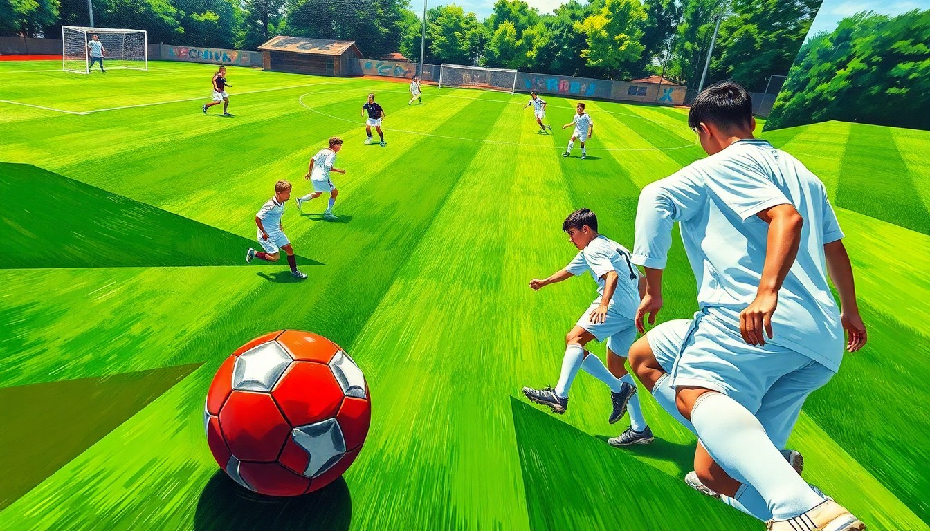 A fragmented, cubist-style painting depicting a high school soccer match, with geometric shapes in bright green, white, and red representing the field, players, and ball, conveying the dynamic energy of the sport.