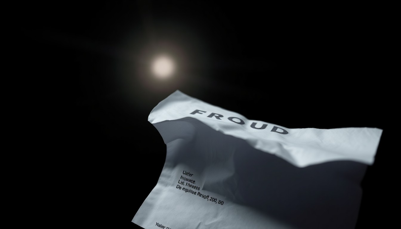An extreme close-up of a crumpled, ripped financial document reflecting a harsh, direct camera flash, conceptually representing the deception and fraud alleged in this contractor case.