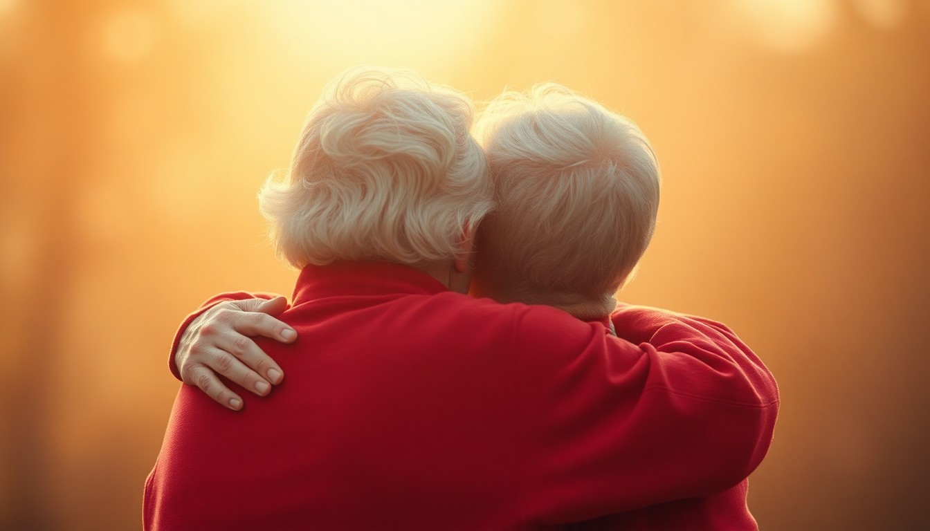 An extremely abstracted, out-of-focus photograph in soft pools of warm color and light, depicting the blurred silhouettes of an elderly couple embracing, their affection and connection palpable despite the lack of clear details.