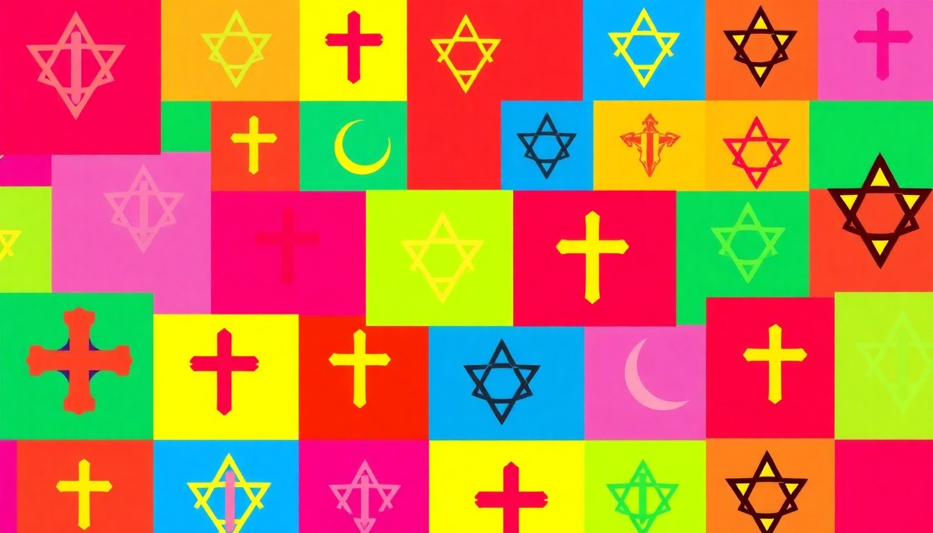 A brightly colored, high-contrast silkscreen print of a single, iconic religious symbol repeated in a tight grid pattern, capturing the pop art spirit of a new generation's spiritual awakening.