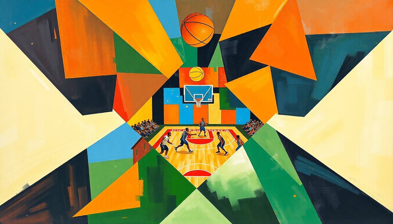 A fragmented, geometric painting depicting the dynamic movements and competing forces of a basketball game, rendered in a bold, abstract style.
