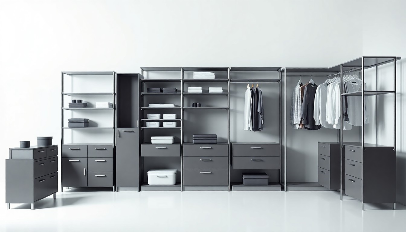 A high-end, photorealistic studio still-life photograph featuring a neatly arranged set of premium home organization products, including sleek storage containers, shelving units, and customizable closet systems, all set against a clean, monochromatic background with dramatic lighting and deep shadows.