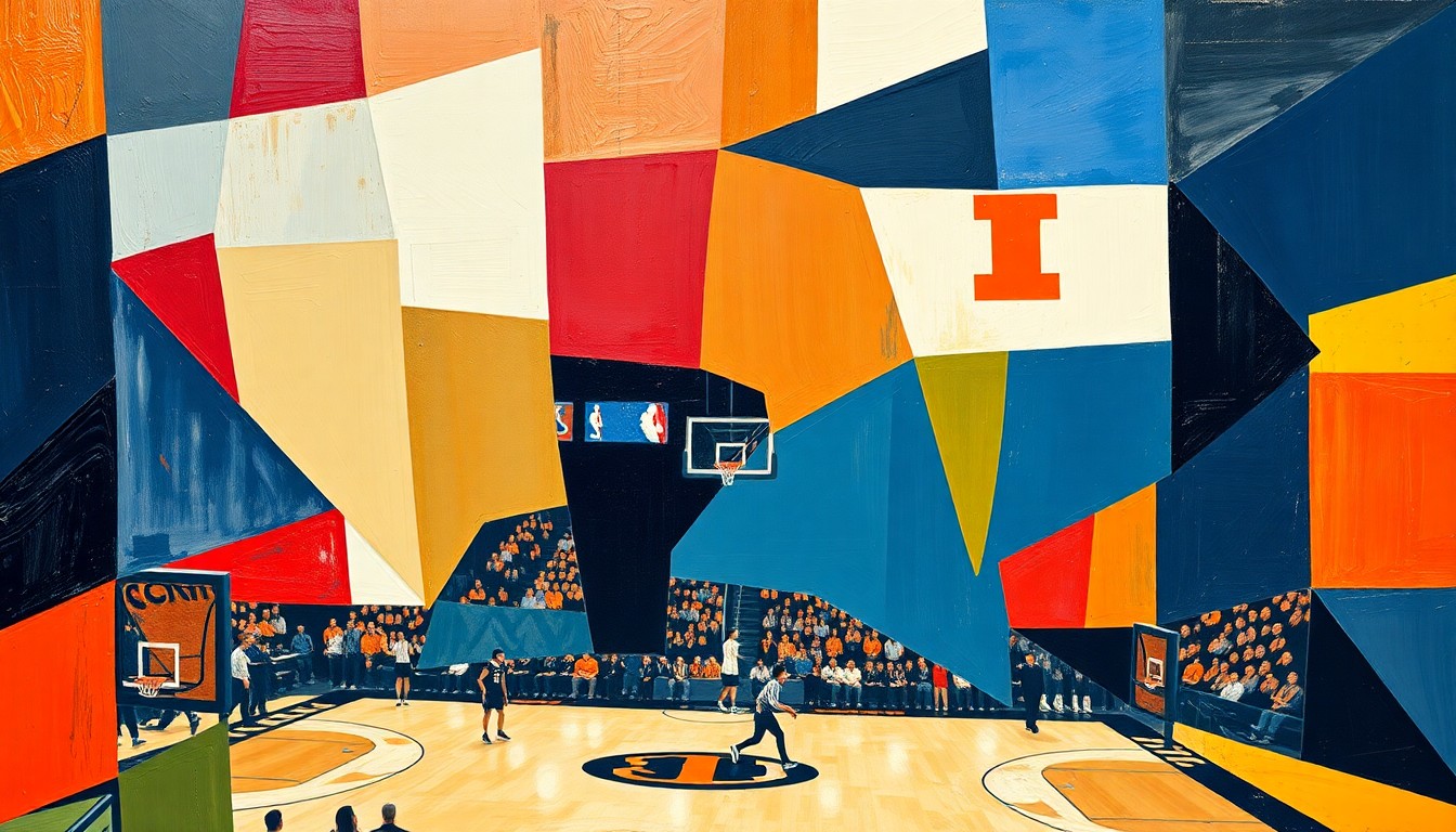 A fragmented, geometric painting depicting a college basketball game, with players and the court broken down into sharp, overlapping shapes and planes in a cubist style.