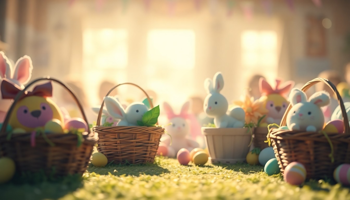 An abstract, out-of-focus photograph of colorful Easter baskets and toys in a warm, hazy light, conveying the celebratory mood of a community event.