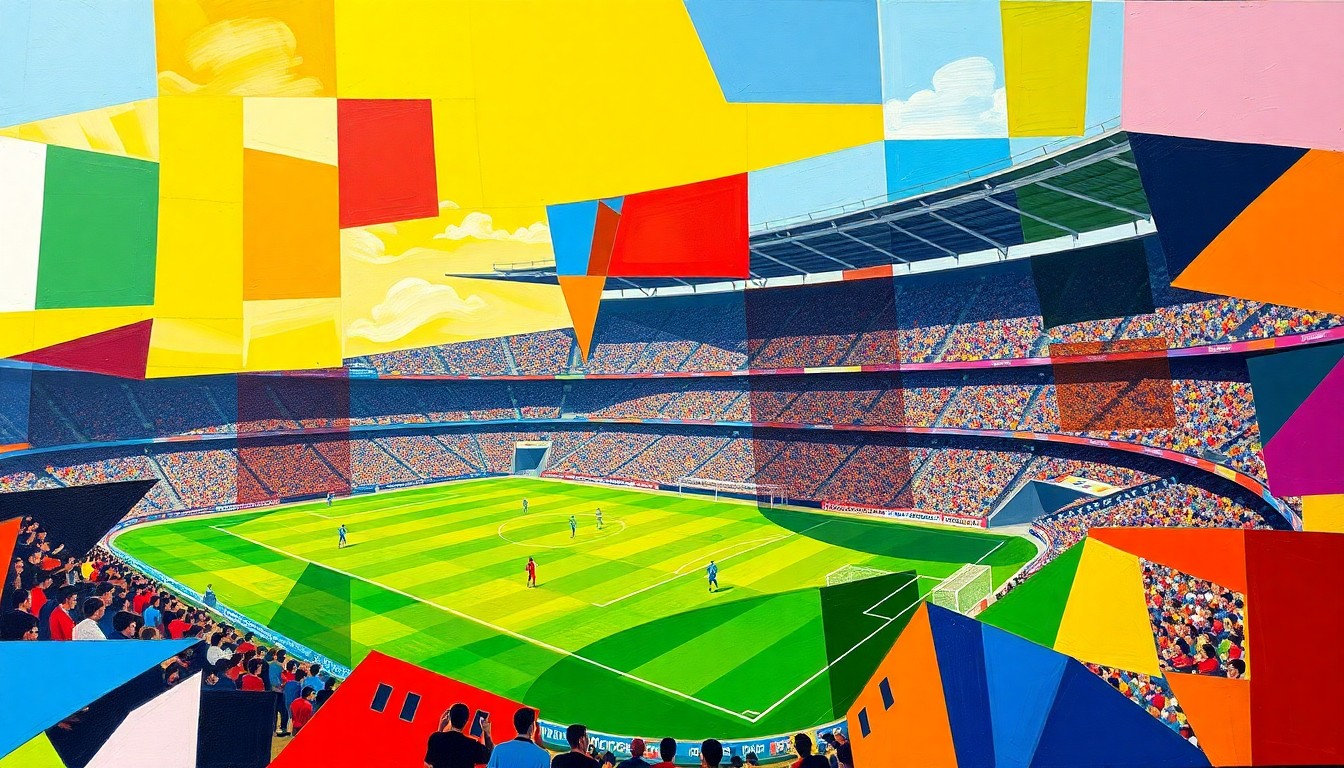 A cubist-style painting featuring sharp, overlapping geometric shapes in bright primary colors, conceptually representing the fractured experience of soccer fans unable to afford World Cup tickets.