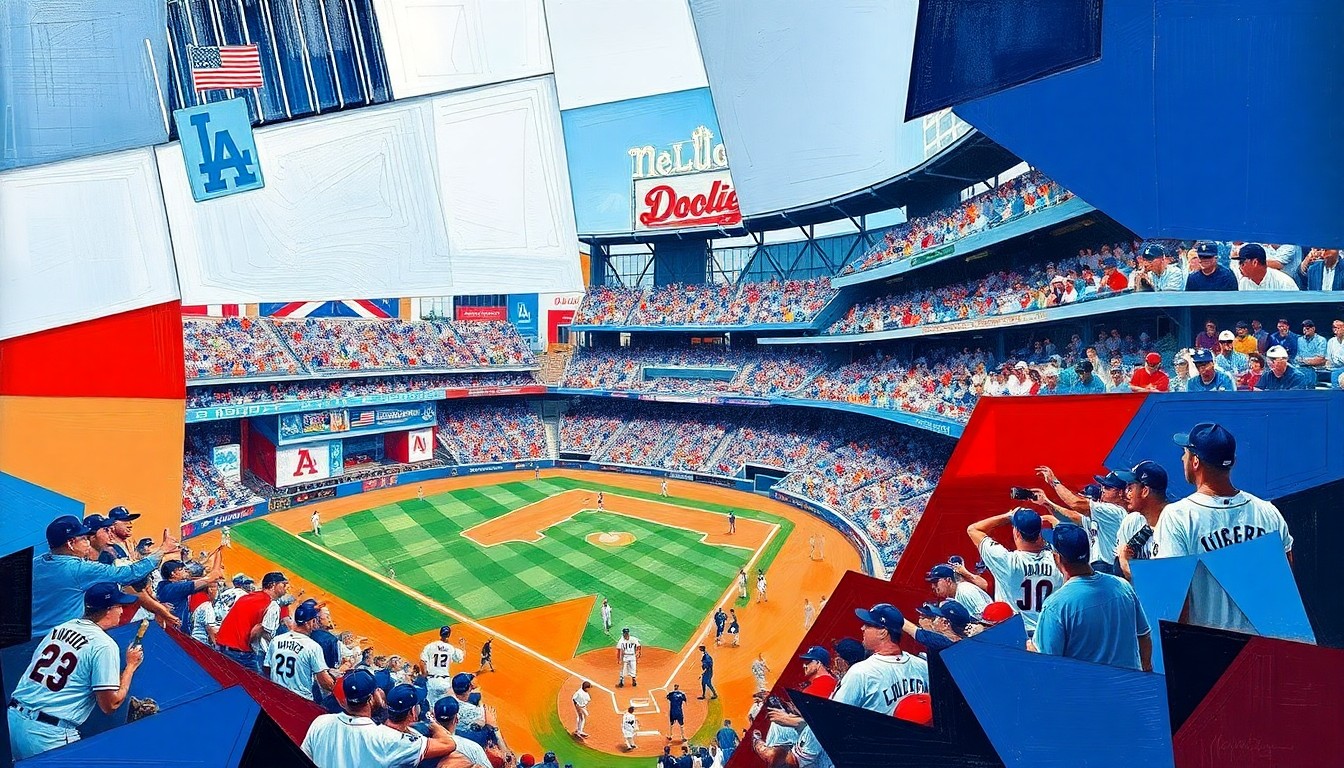 A cubist, geometric painting featuring overlapping planes of Dodger blue, red, and white, capturing the energy and movement of a Dodgers baseball game or celebration in an abstract, deconstructed style.
