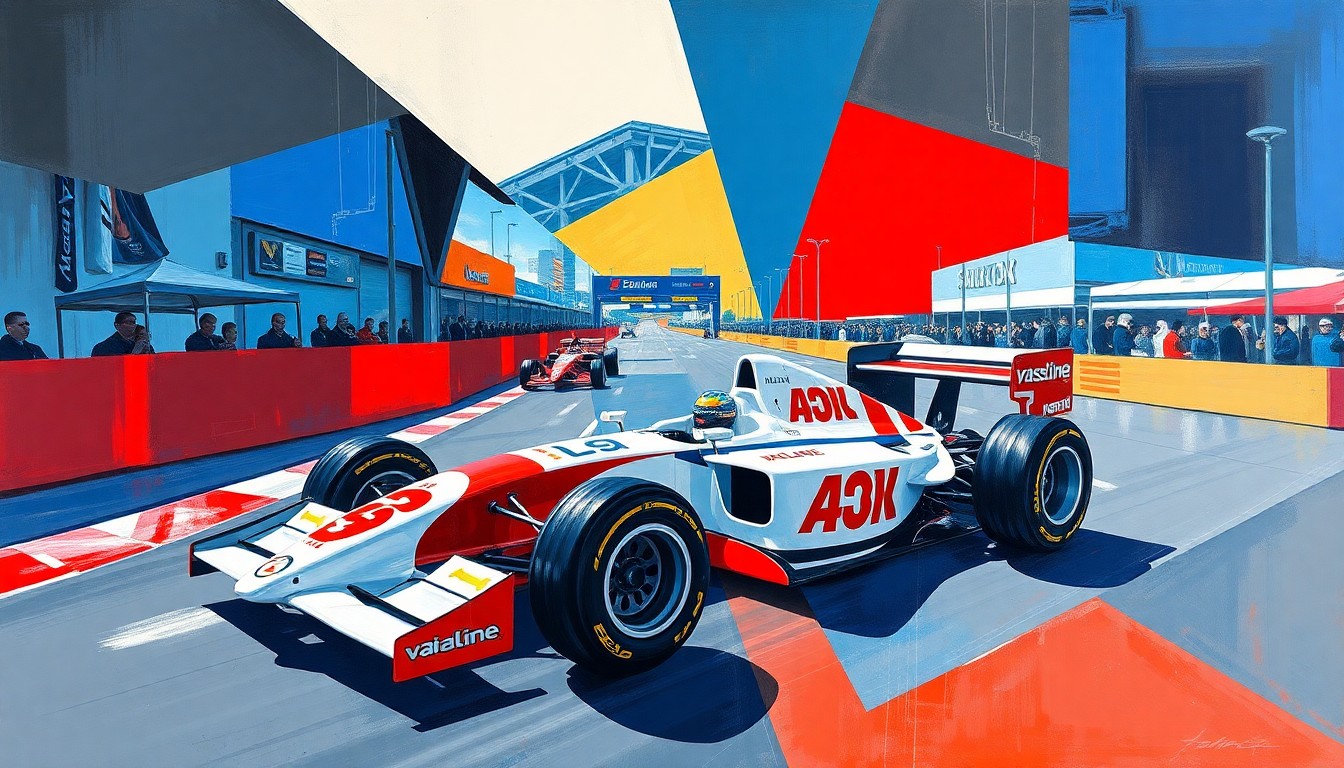 A cubist, geometric painting in shades of blue, white, and red, depicting a fragmented and abstracted Formula 2 racing scene, conveying the tension and controversy surrounding the recent incident involving Alpine driver Franco Colapinto.