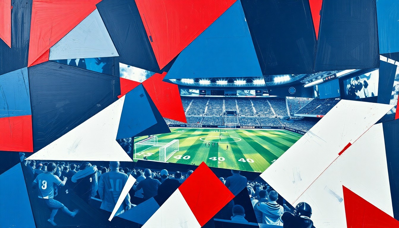 A fragmented, cubist-style painting depicting a football game or match, with sharp geometric shapes in navy blue, red, and white overlapping to create a dynamic, multi-perspective visual.
