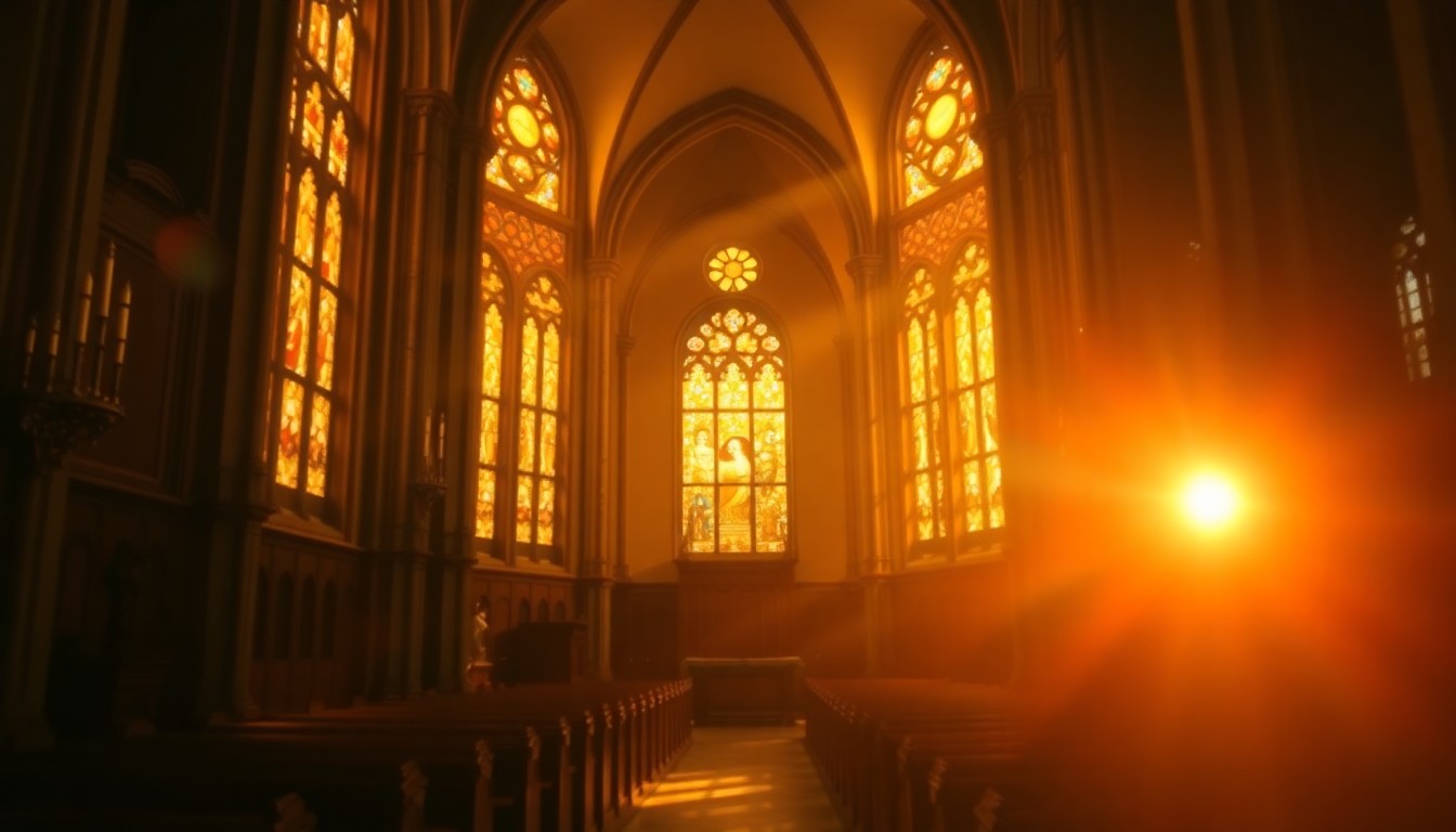 An abstract, out-of-focus photograph of a church interior filled with soft, golden light, conveying a sense of peace and contemplation.