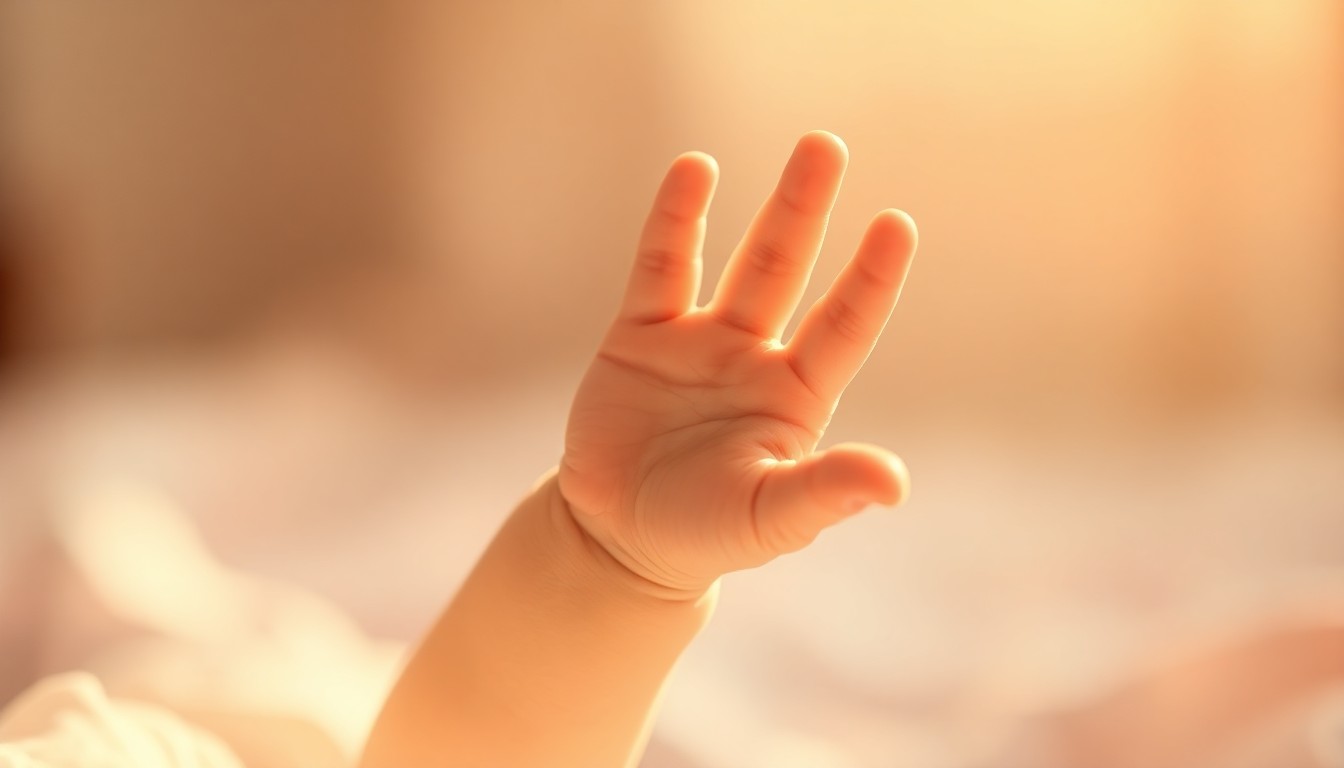 An abstract, impressionistic photograph of a baby's hand reaching up, captured in a hazy, dreamlike wash of warm, glowing colors, conveying a sense of tenderness and fragility.