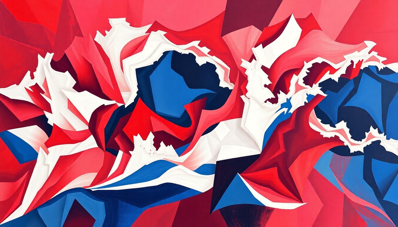 A vibrant, abstract painting featuring overlapping, geometric shapes in shades of red, white, and blue, conveying the chaotic and fractured nature of the MAGA movement as it grapples with competing ideologies and personal conflicts.
