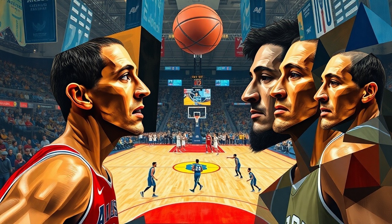 A cubist, geometric painting depicting the chaotic energy and movement of a college basketball game, with the players' forms broken down into overlapping planes of color and shape.