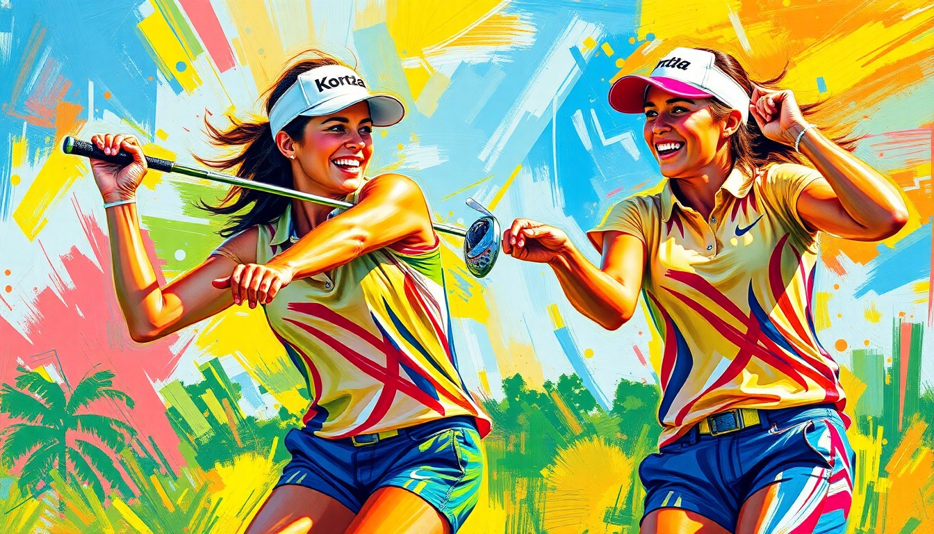 An abstract, energetic painting in neon colors depicting two female golfers in motion, their faces and identities obscured, capturing the spirit of the Korda sisters' reunion on the course.
